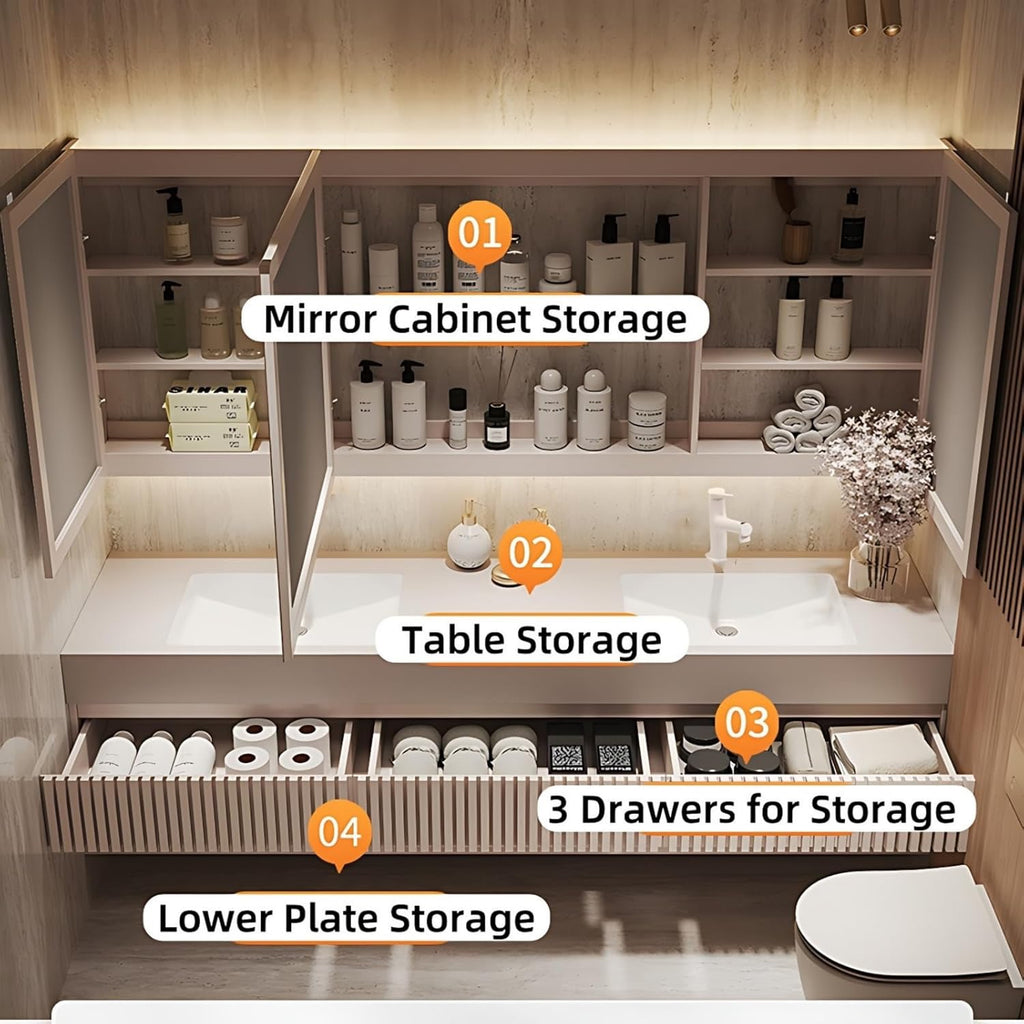Genpai 88" Modern Floating Bathroom Vanity with Double Sinks | Smart LED Mirror & Defog System | Wall-Mounted Storage