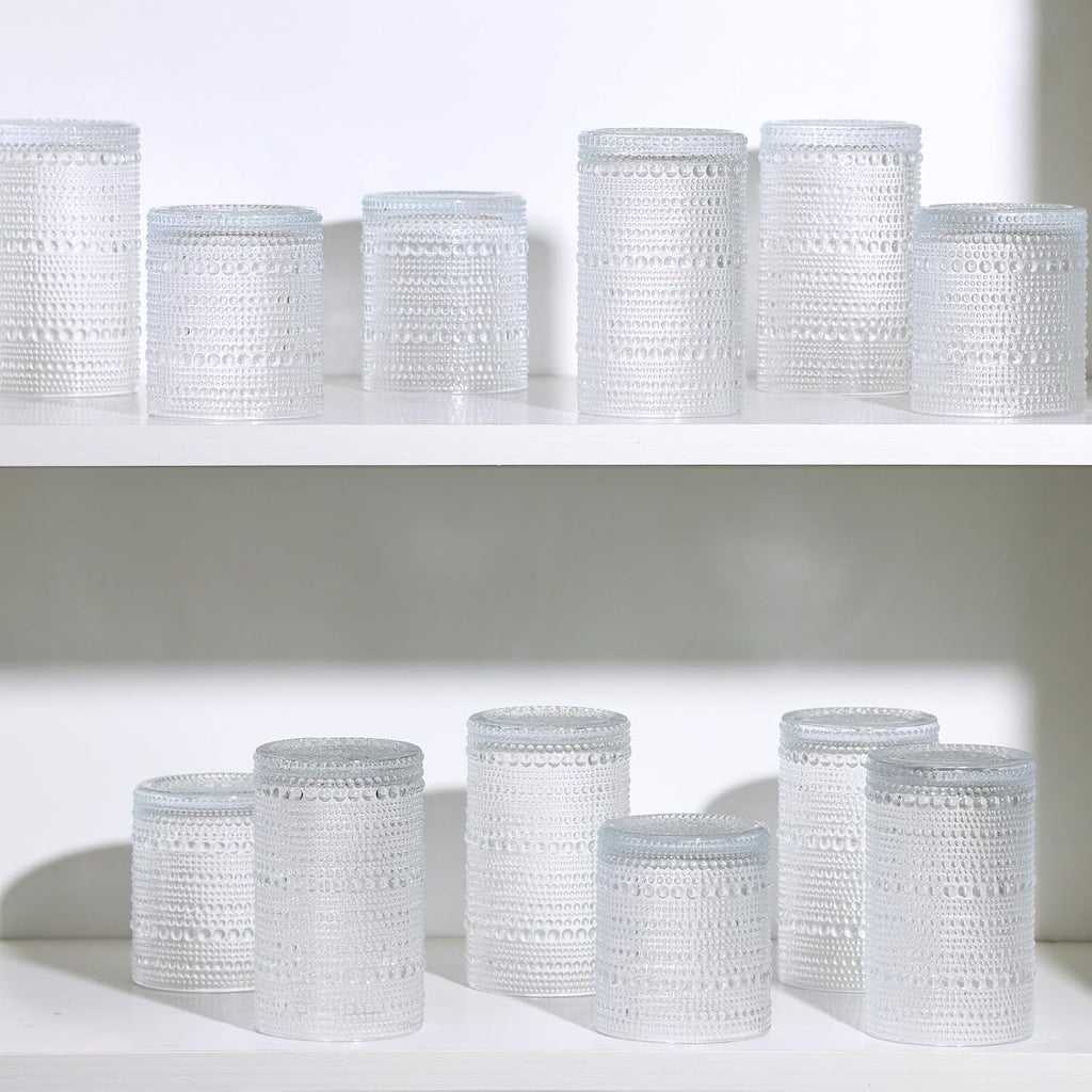 Moretoes Hobnail Drinking Glasses Set of 6 | 12 oz Highball & 10 oz Cocktail Glasses | Vintage Embossed Clear Glassware