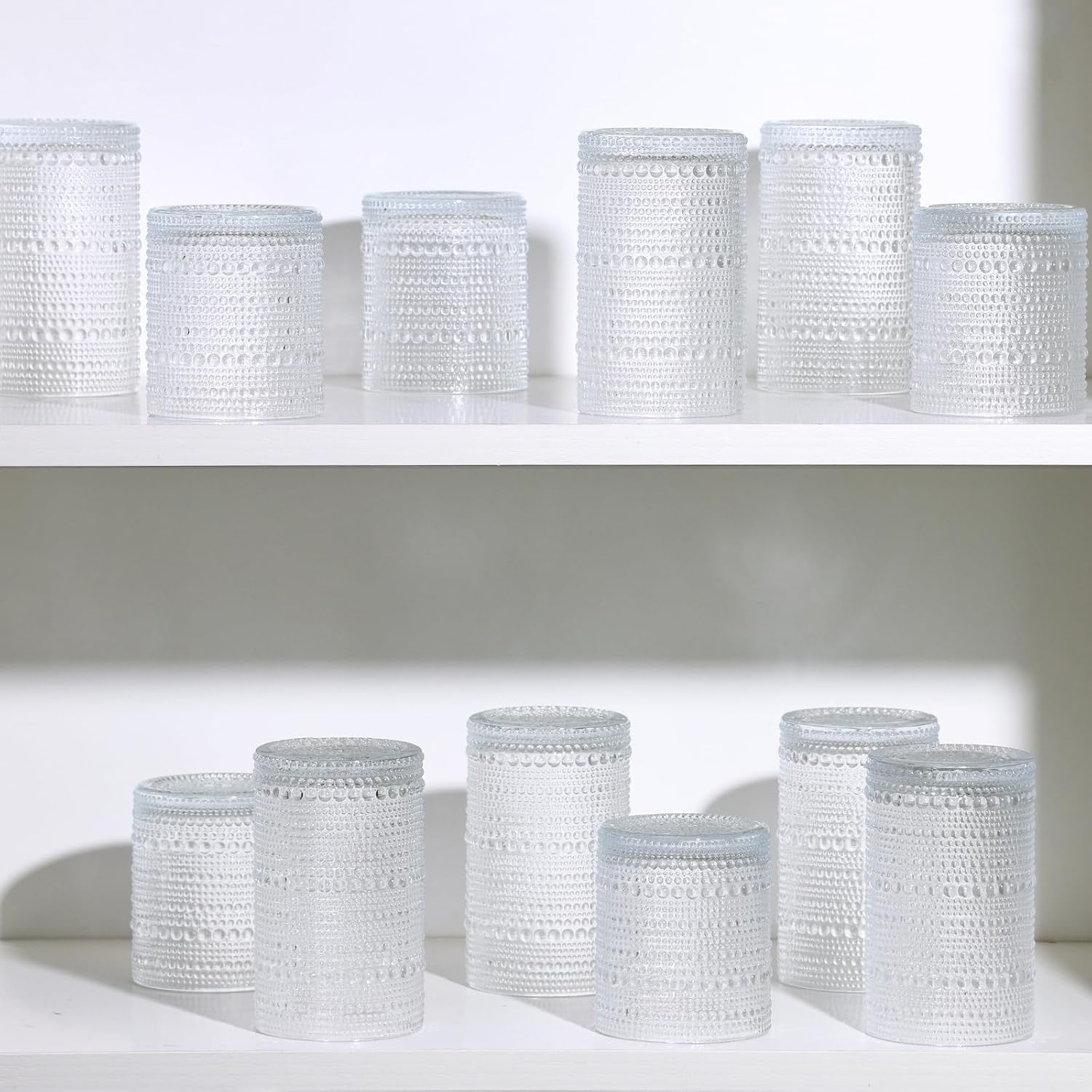Moretoes Hobnail Drinking Glasses Set of 6 | 12 oz Highball & 10 oz Cocktail Glasses | Vintage Embossed Clear Glassware