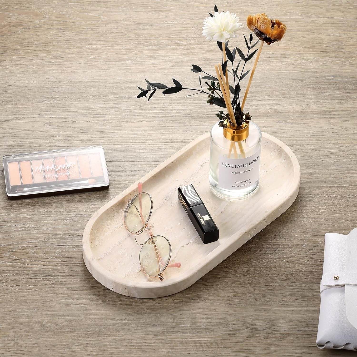 Koville Italian Travertine Tray 12” x 6” | Decorative Vanity Marble Catchall for Perfume, Candles & Jewelry