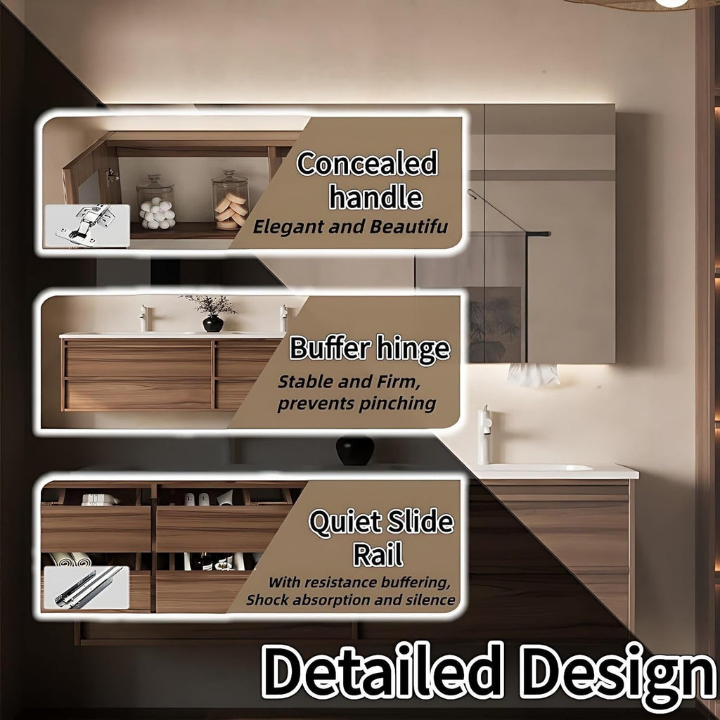 Genpai 64" Double Sink Bathroom Vanity with Smart LED Mirror | Corian Countertop | 4 Drawers