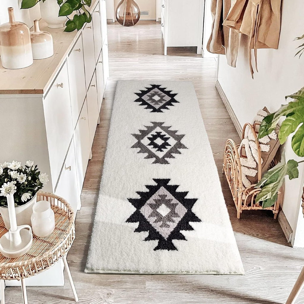 DEXDE Boho Bathroom Runner Rug 20x72 | Black & White Geometric Soft Absorbent Non-Slip Bath Mat (Farmhouse Modern Runner Rug)