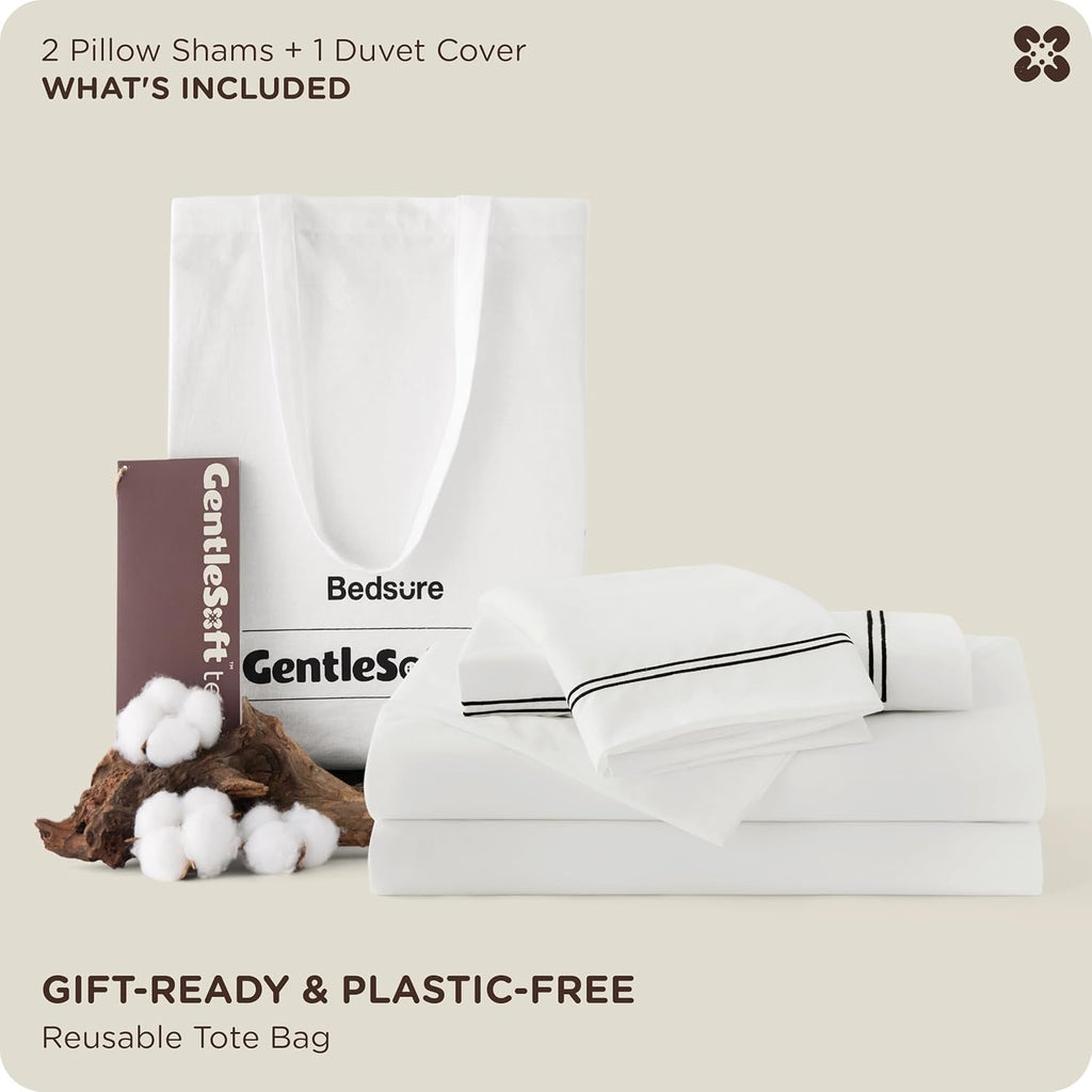 Bedsure Luxury Hotel Cotton Duvet Cover Set | White Frame Embroidery Bedding – Queen