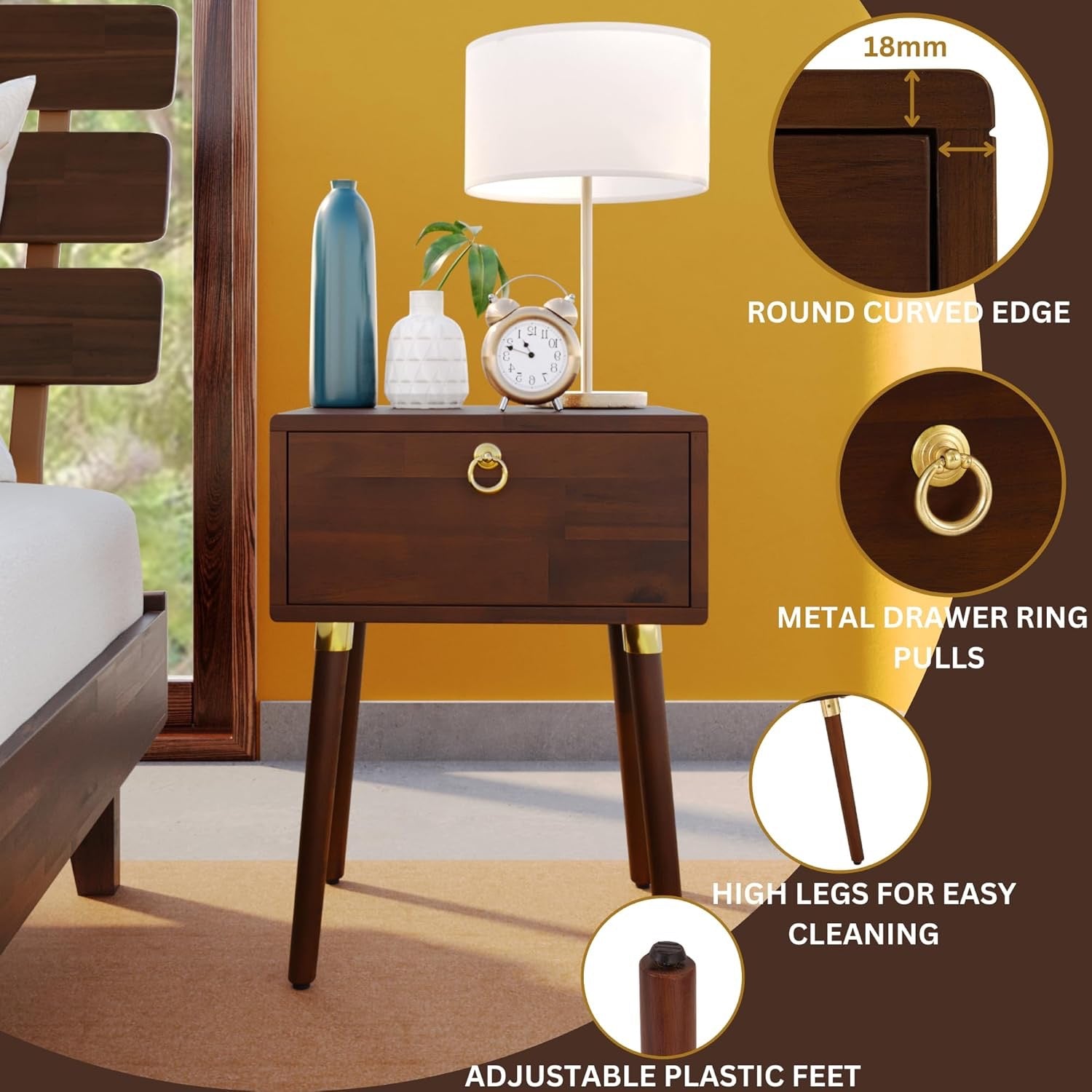 Bme Caden Solid Wood Nightstand | Mid-Century Walnut Side Table with Storage Drawer