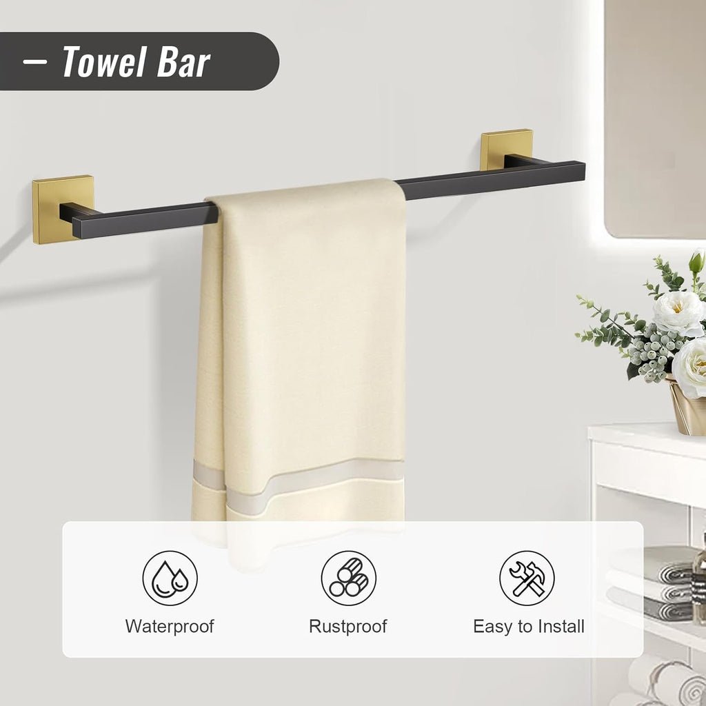 Black & Gold 10-Piece Bathroom Hardware Set | Wall-Mounted SUS304 Stainless Steel Towel Bar Collection