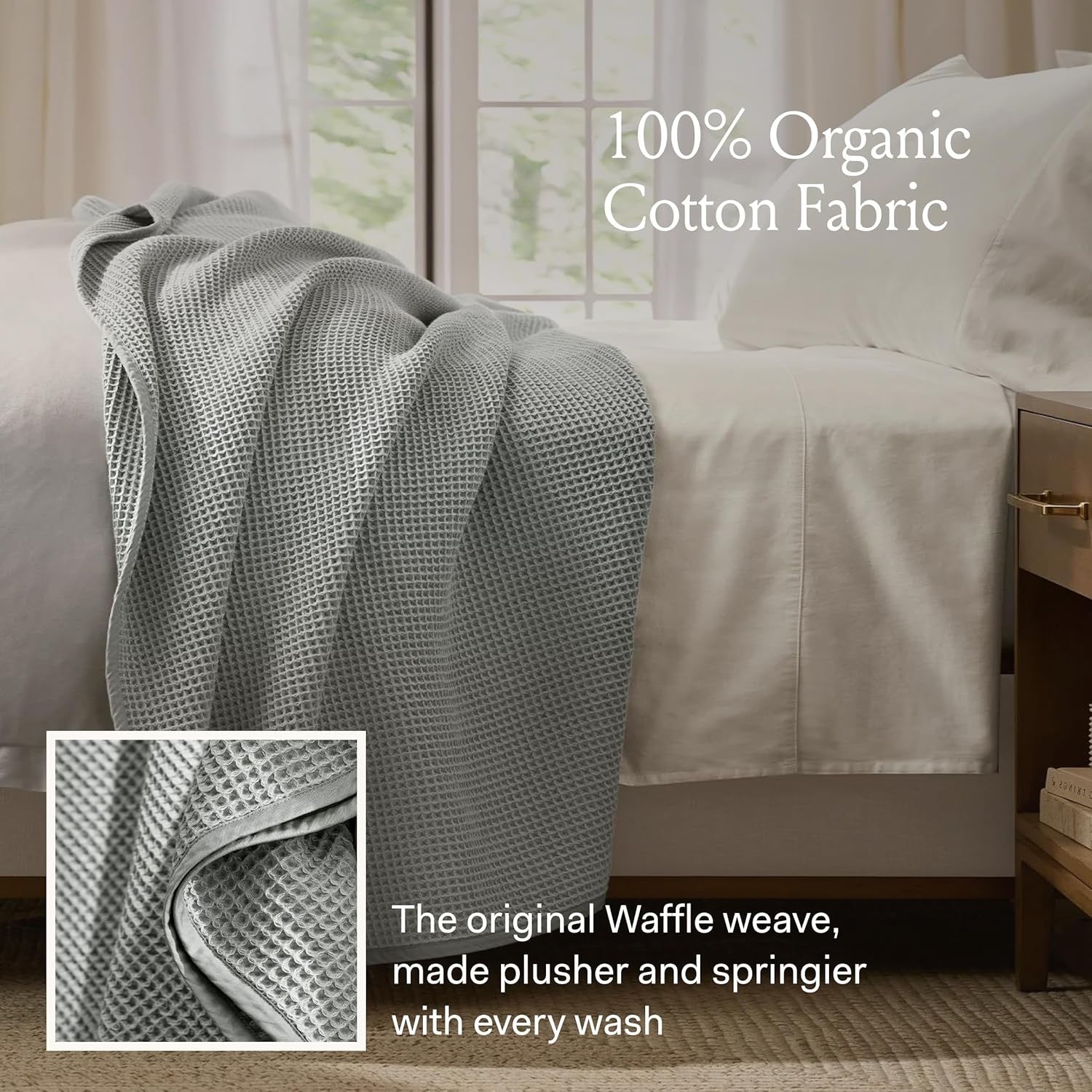 BOLL & BRANCH Waffle Bed Blanket (Full/Queen) | Organic Cotton Textured Blanket (Pewter)
