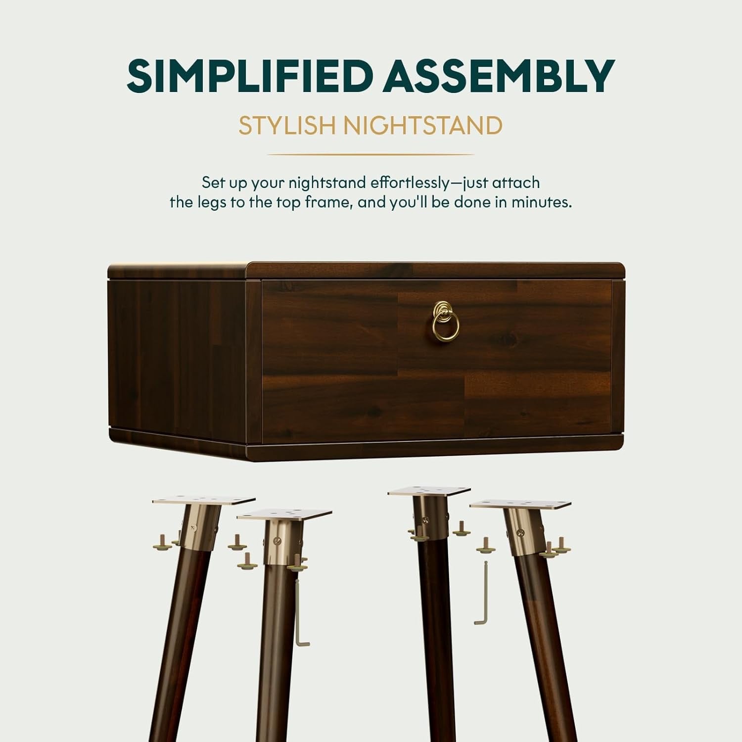 Bme Caden Solid Wood Nightstand | Mid-Century Walnut Side Table with Storage Drawer