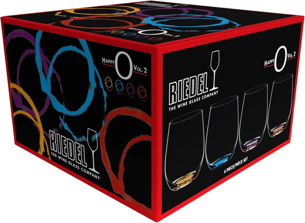 Riedel Happy O Wine Tumbler Set of 4 | Stemless Crystal Wine Glasses Colored Base Dishwasher Safe Modern Glassware
