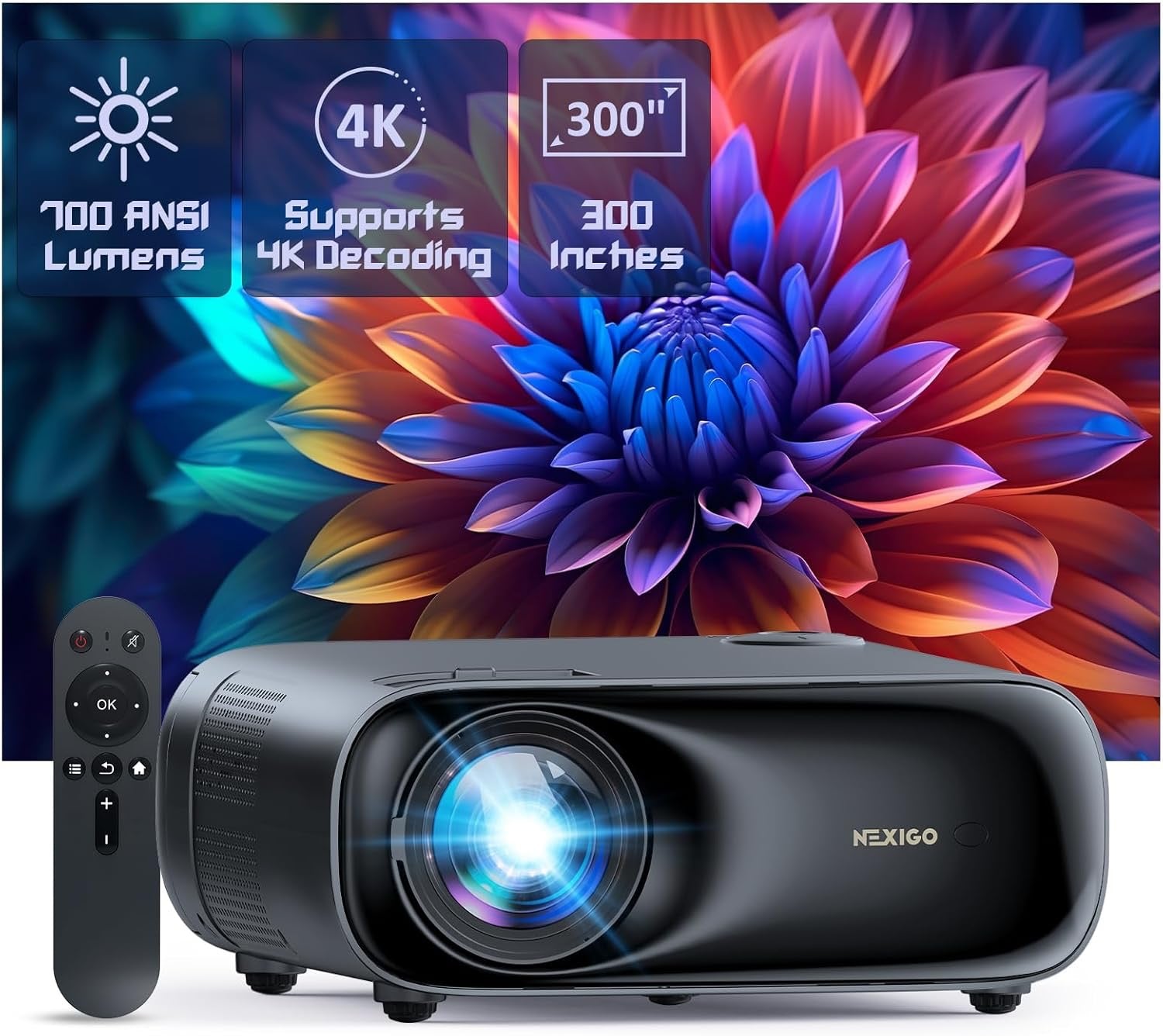 NexiGo PJ40 (Gen 3) Native 1080P Projector | WiFi & Bluetooth Home Theater with 20W Speakers