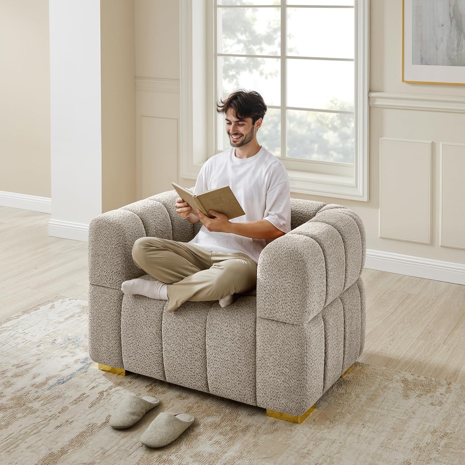 VANOMi 90.94” Cloud Sofa Couch | Oversized Deep Seat Bouclé 3-Seater in Camel