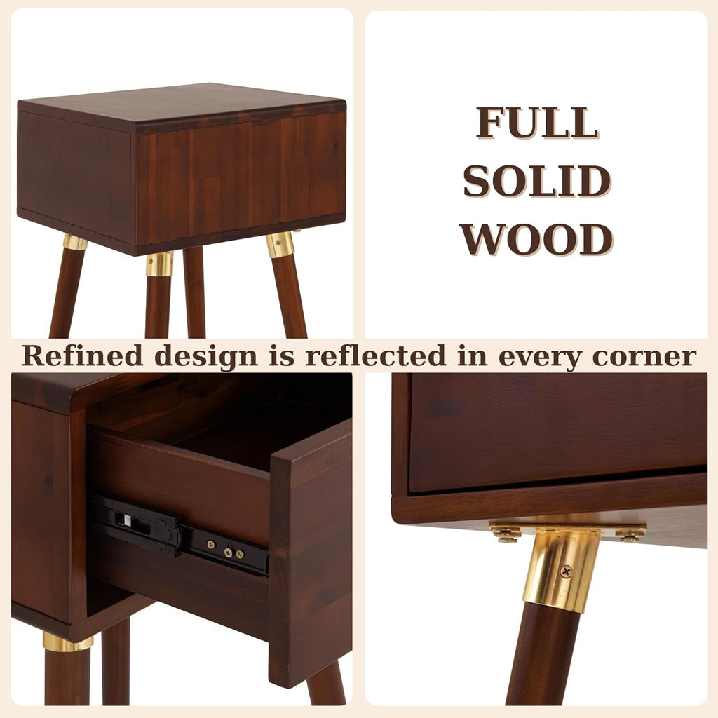 Bme Caden Solid Wood Nightstand | Mid-Century Walnut Side Table with Storage Drawer