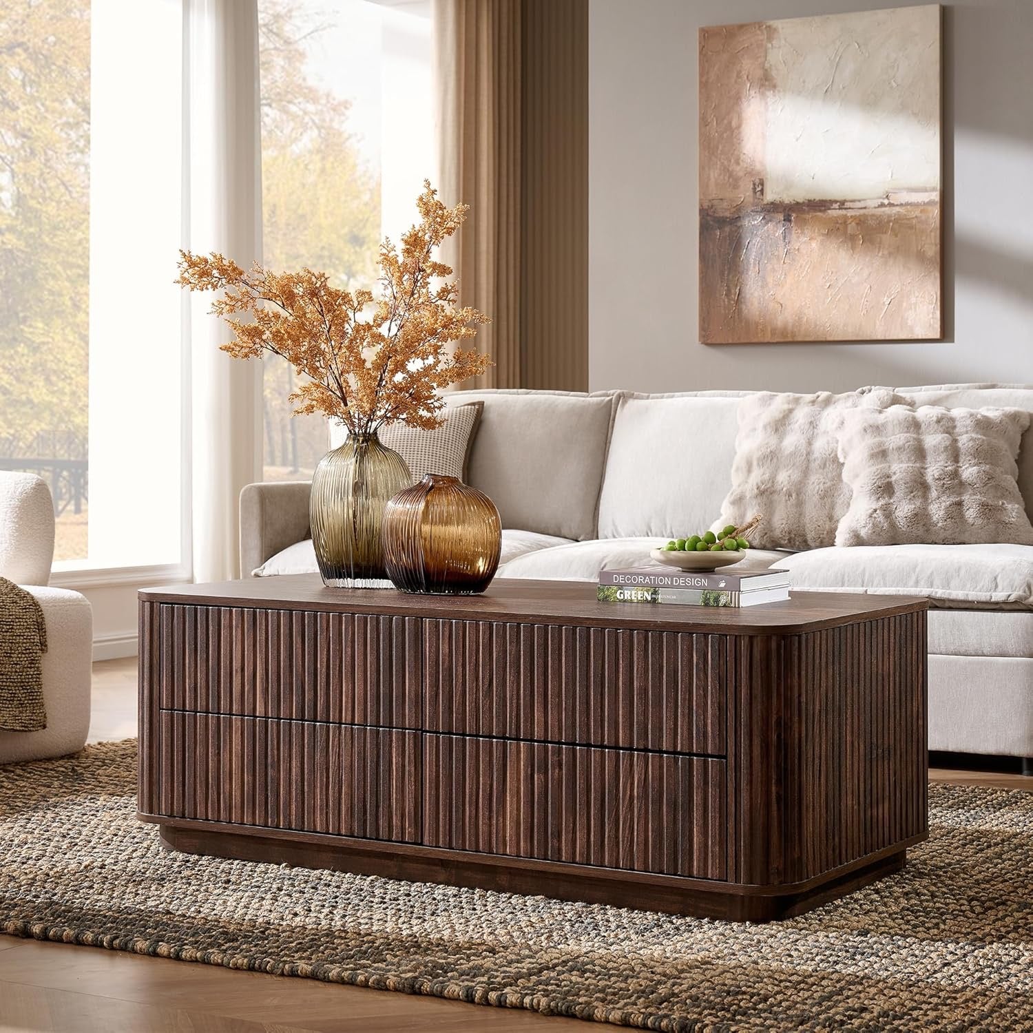 JXQTLINGMU 51" Fluted Coffee Table with Storage | Modern Dark Walnut Rectangle Coffee Table with 4 Drawers