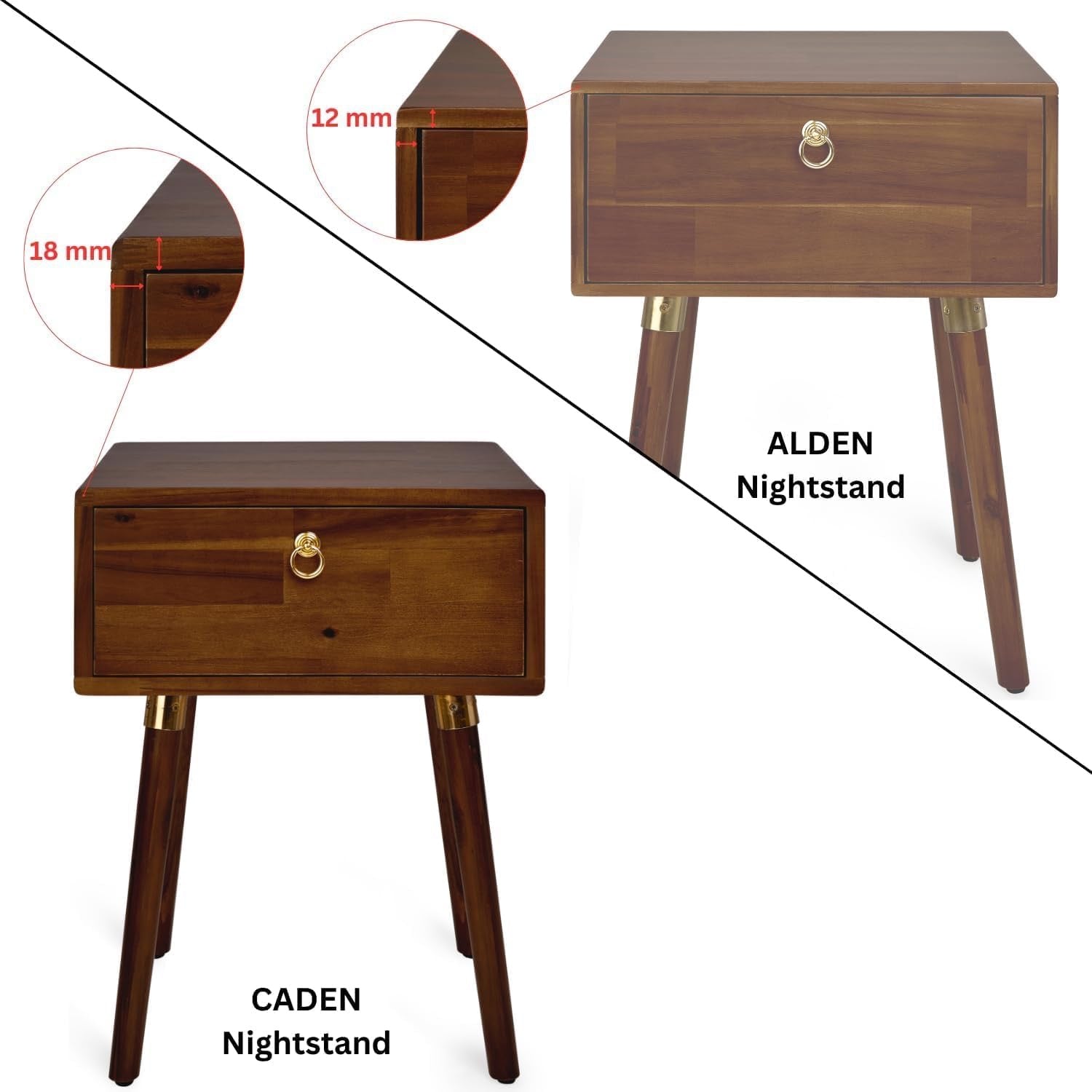 Bme Caden Solid Wood Nightstand | Mid-Century Walnut Side Table with Storage Drawer