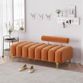 Modern Channel Tufted End-of-Bed Bench | Upholstered Orange Ottoman with Gold Legs