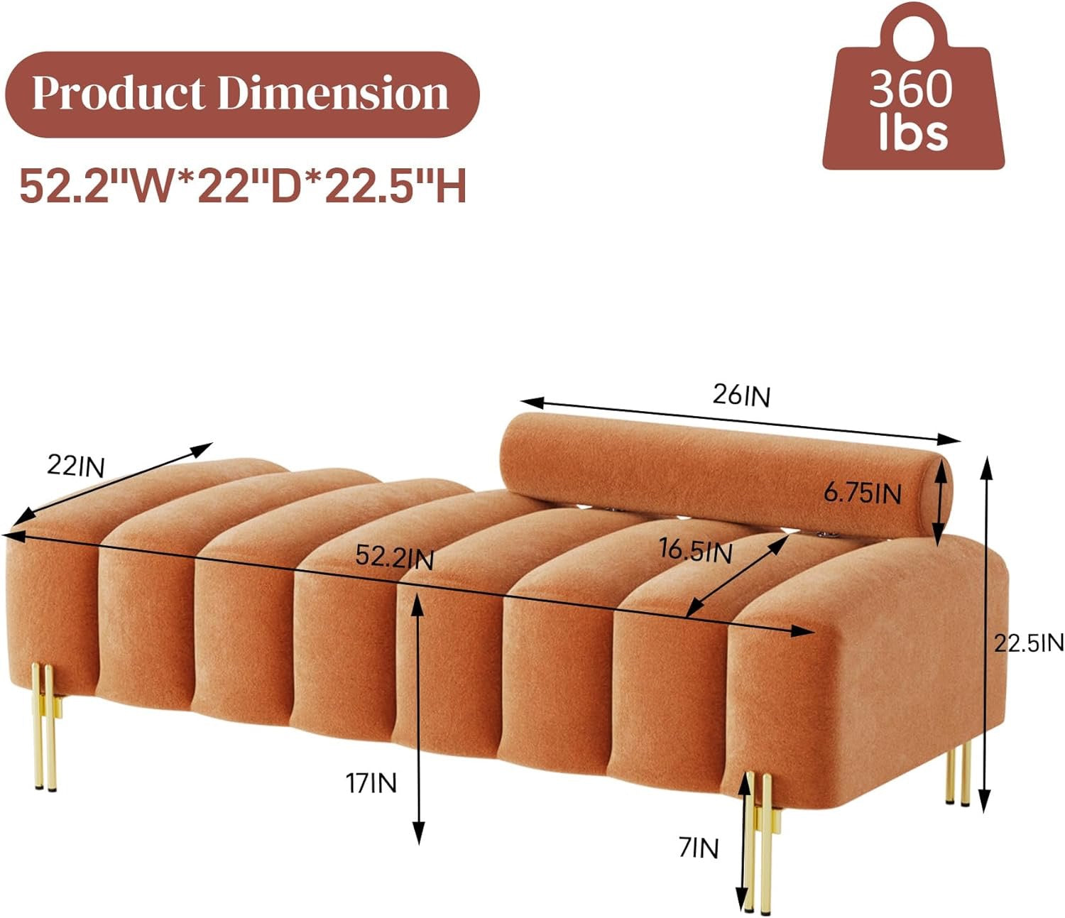 Modern Channel Tufted End-of-Bed Bench | Upholstered Orange Ottoman with Gold Legs