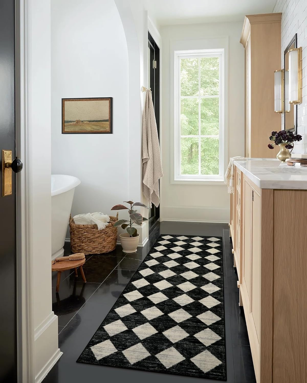 Lahome Moroccan Trellis Washable Runner Rug | Black & White 2' x 7' Non-Slip Runner
