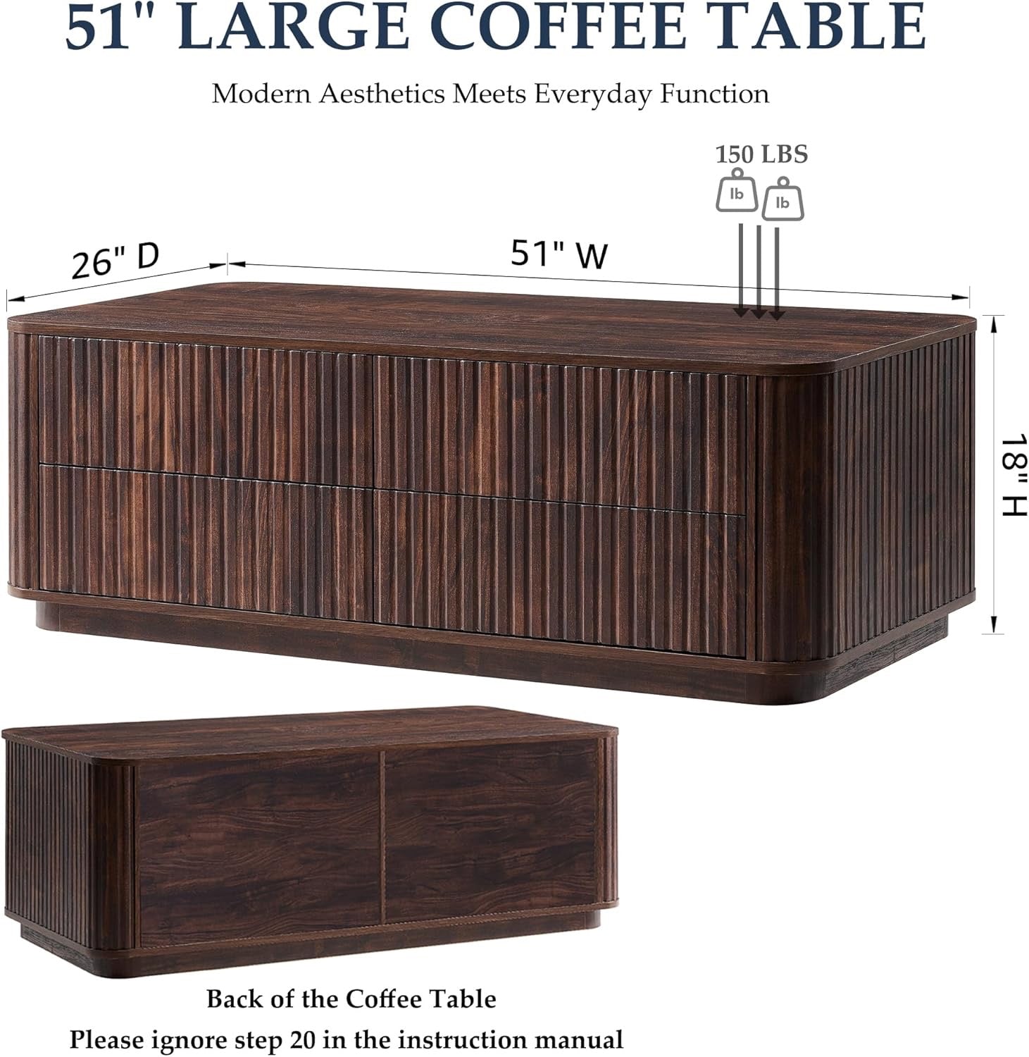 JXQTLINGMU 51" Fluted Coffee Table with Storage | Modern Dark Walnut Rectangle Coffee Table with 4 Drawers