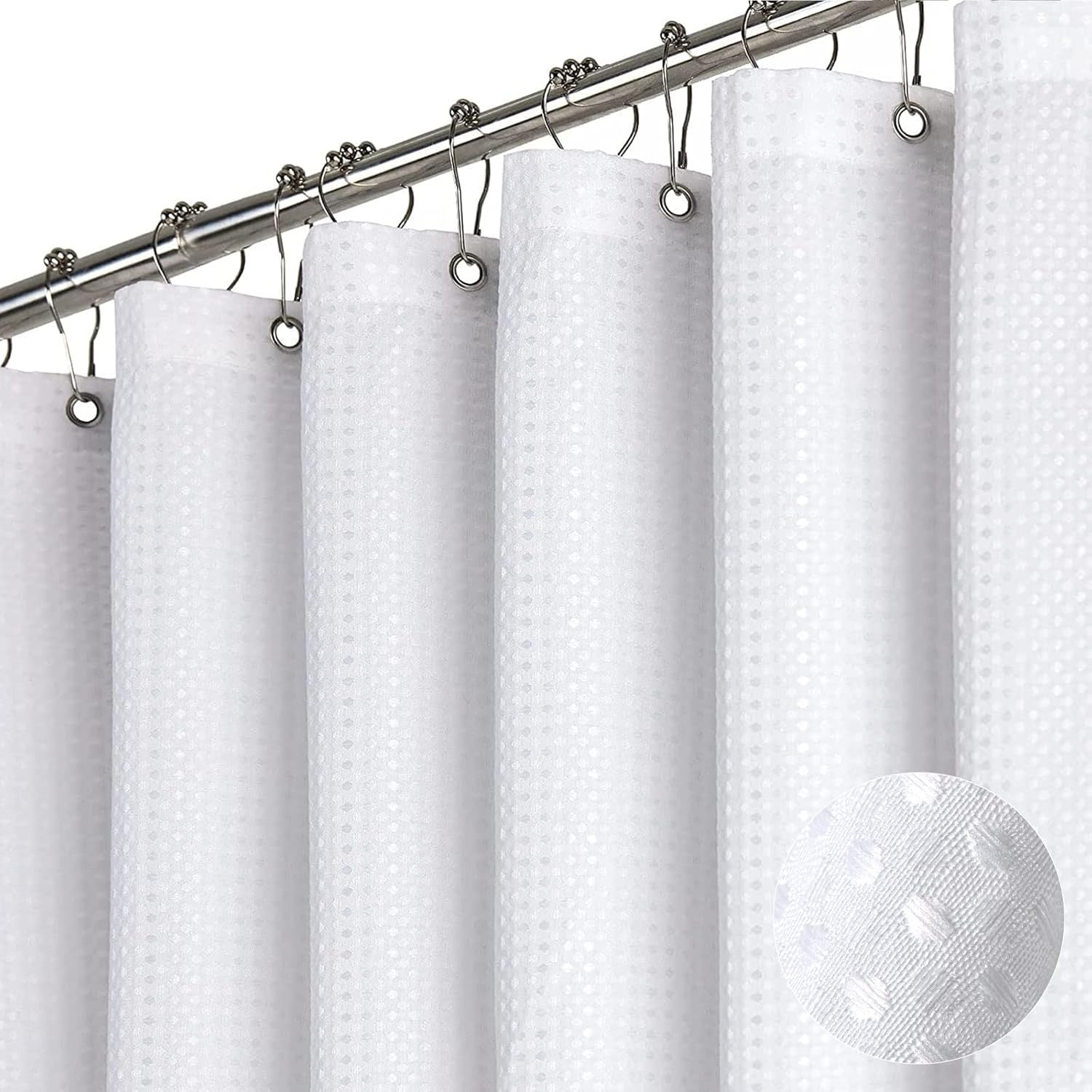 Dynamene White Waffle Weave Fabric Shower Curtain | Hotel-Style, Heavyweight 256 GSM (72” x 72”)
