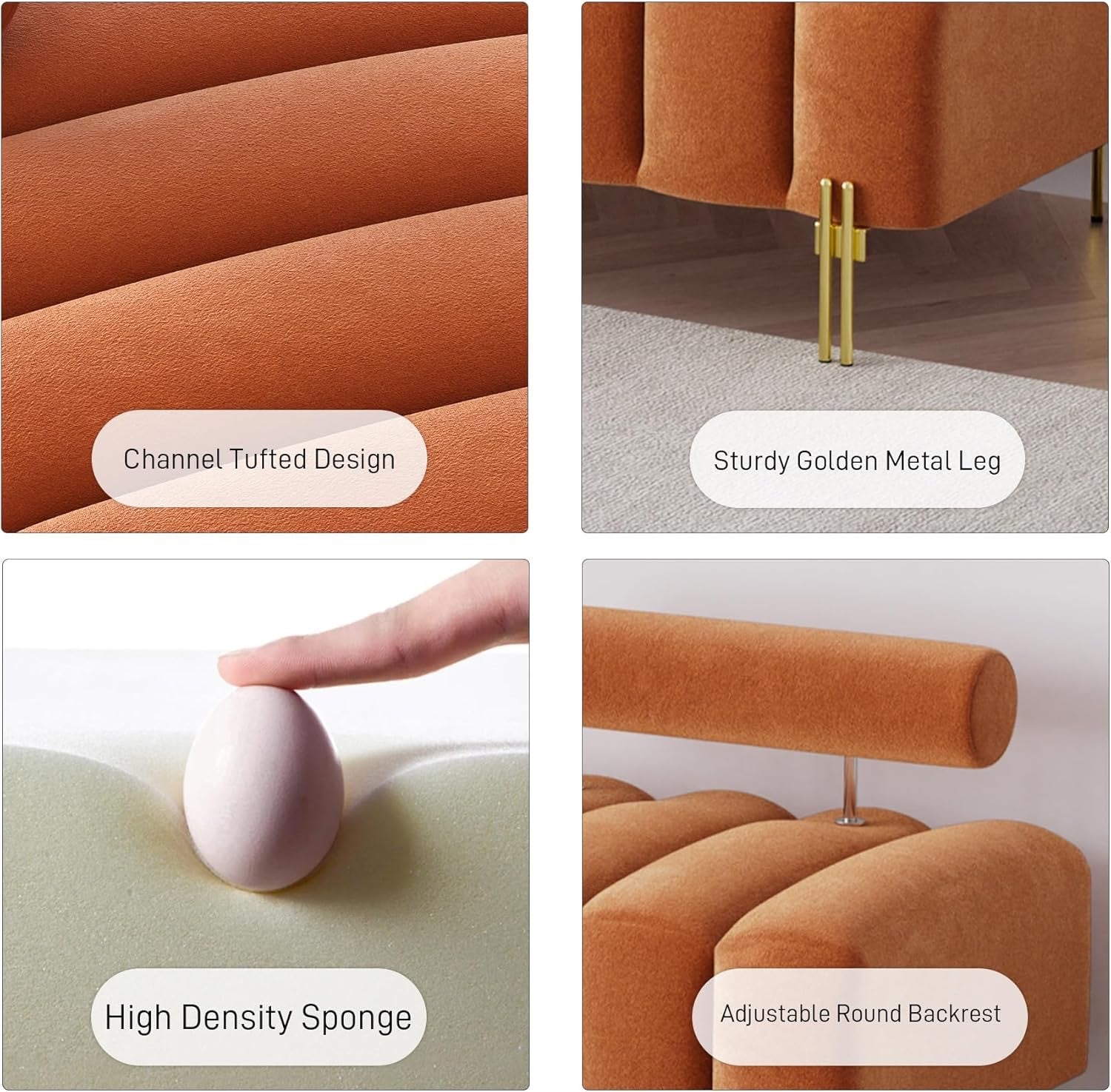 Modern Channel Tufted End-of-Bed Bench | Upholstered Orange Ottoman with Gold Legs