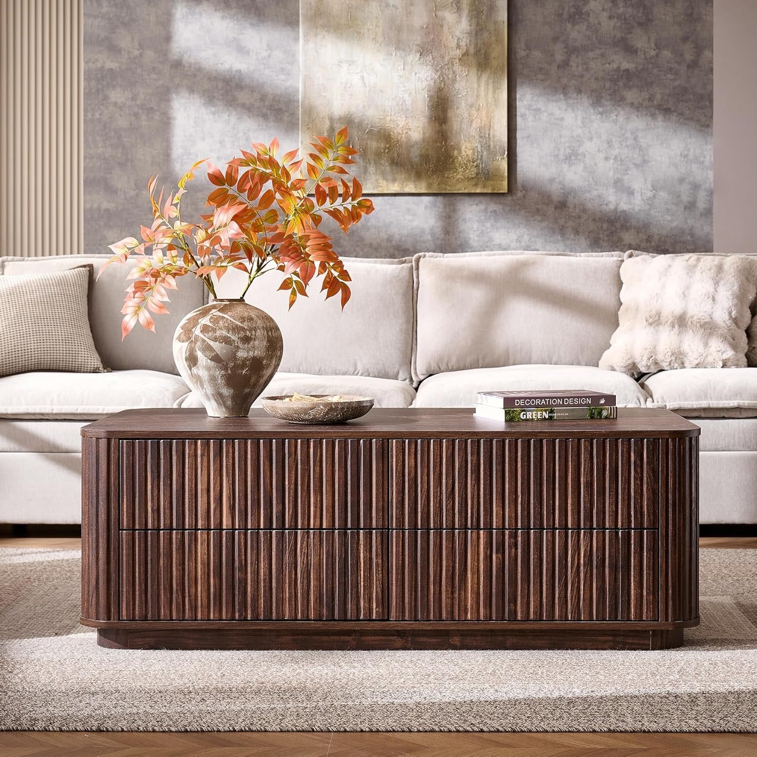 JXQTLINGMU 51" Fluted Coffee Table with Storage | Modern Dark Walnut Rectangle Coffee Table with 4 Drawers