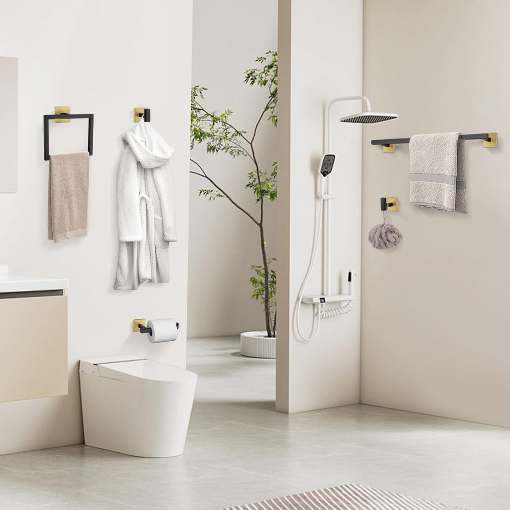 Black & Gold 10-Piece Bathroom Hardware Set | Wall-Mounted SUS304 Stainless Steel Towel Bar Collection