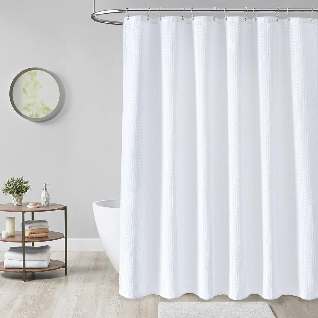 Dynamene White Waffle Weave Fabric Shower Curtain | Hotel-Style, Heavyweight 256 GSM (72” x 72”)