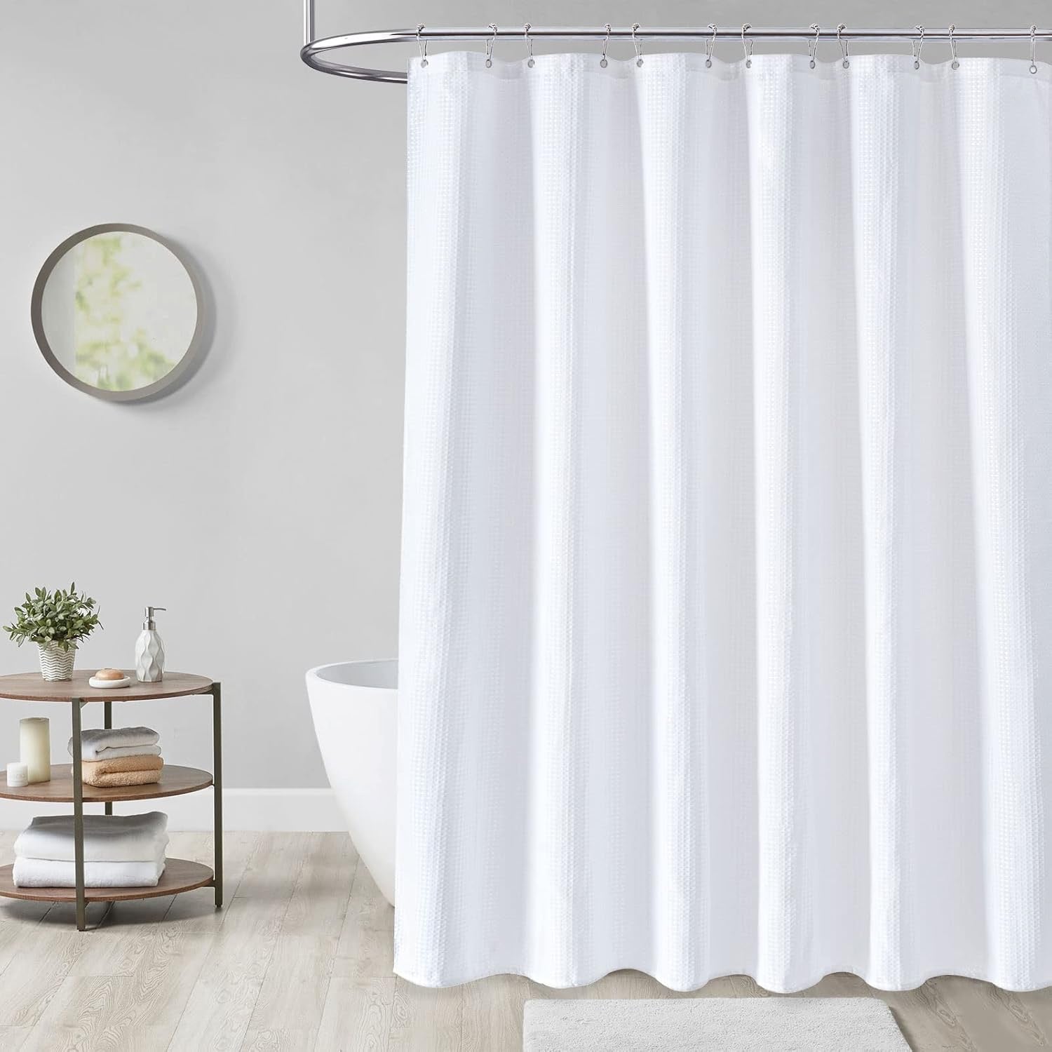 Dynamene White Waffle Weave Fabric Shower Curtain | Hotel-Style, Heavyweight 256 GSM (72” x 72”)