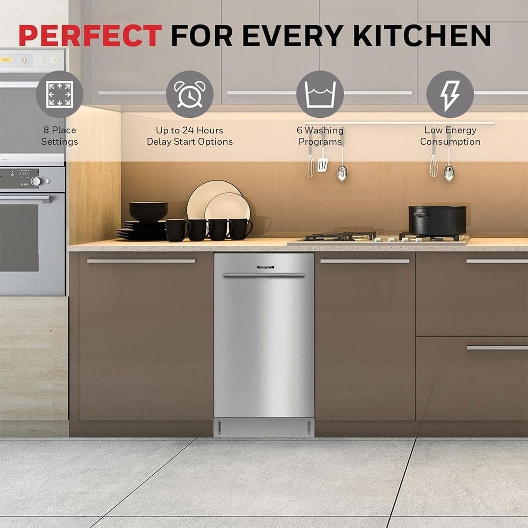 Honeywell 18″ Dishwasher | Compact Stainless Steel Dishwasher with 8 Place Settings