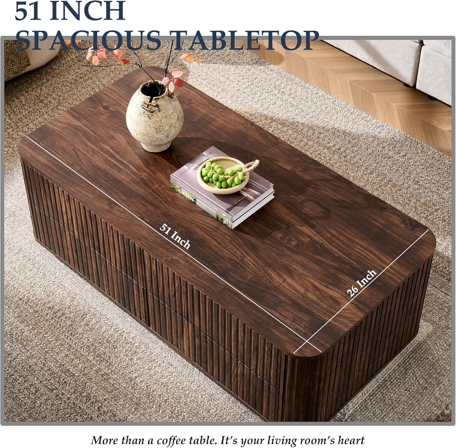 JXQTLINGMU 51" Fluted Coffee Table with Storage | Modern Dark Walnut Rectangle Coffee Table with 4 Drawers