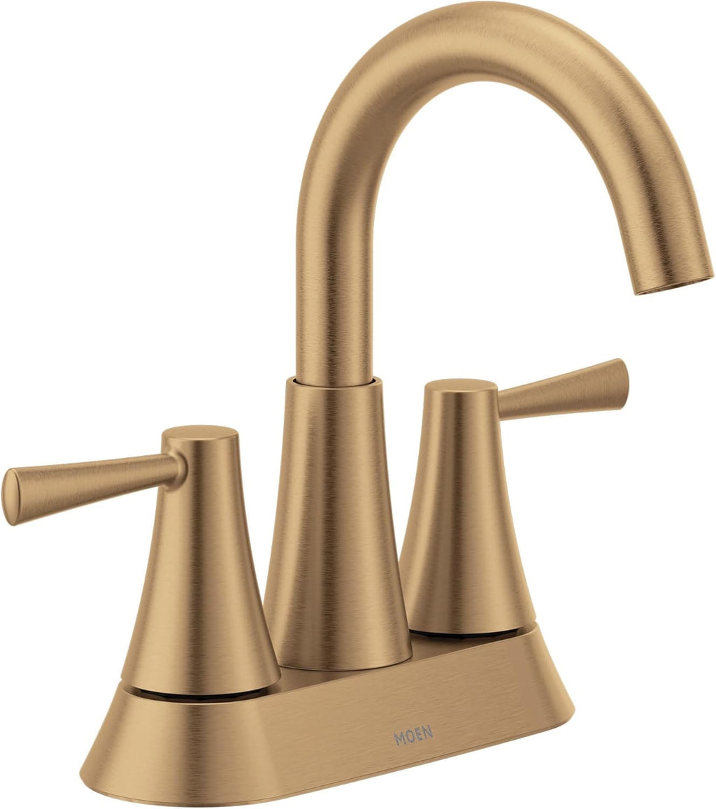 Moen Ronan 4" Centerset Bathroom Faucet | Bronzed Gold Two-Handle Faucet with Push-Down Drain