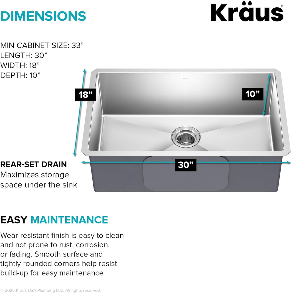KRAUS Standart Pro 30″ Undermount Kitchen Sink | Single Bowl 16-Gauge Stainless Steel
