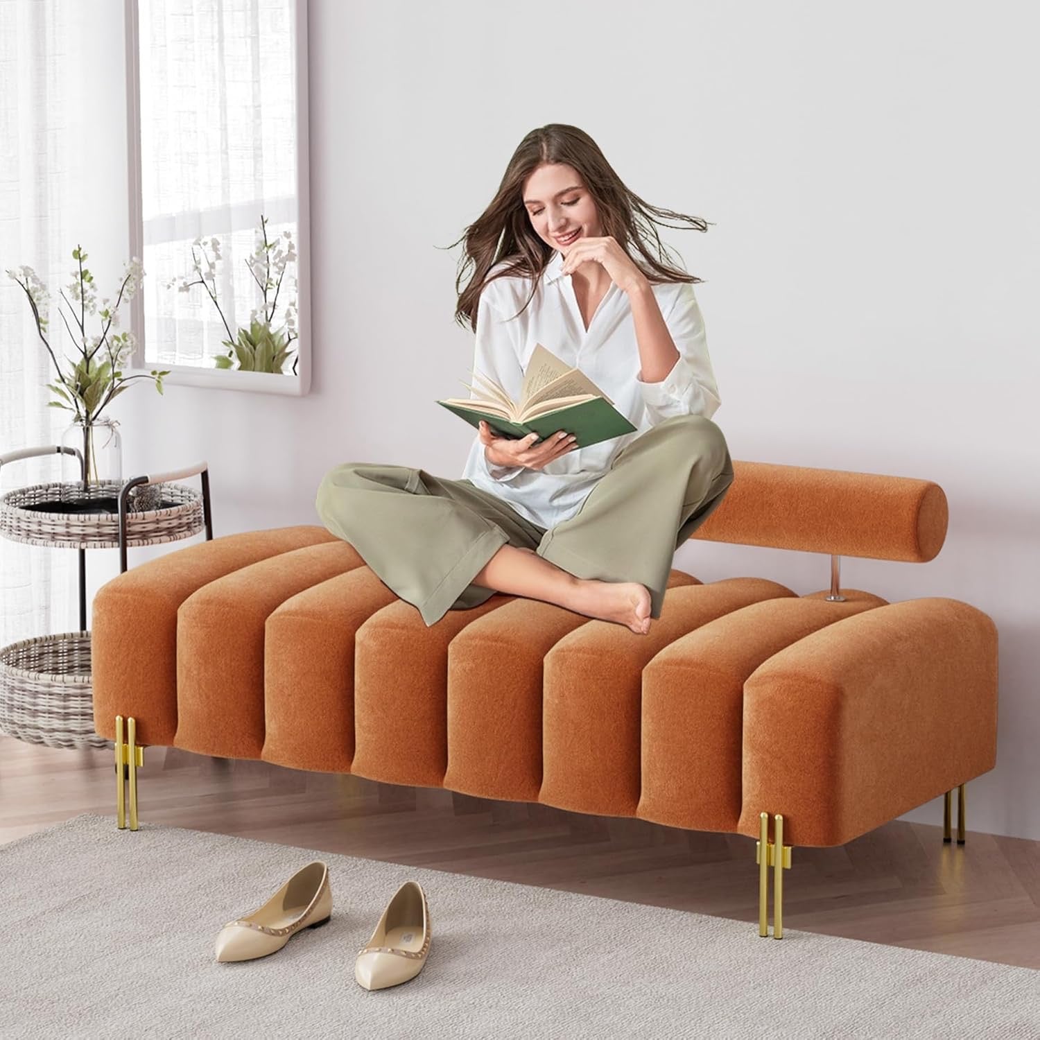 Modern Channel Tufted End-of-Bed Bench | Upholstered Orange Ottoman with Gold Legs