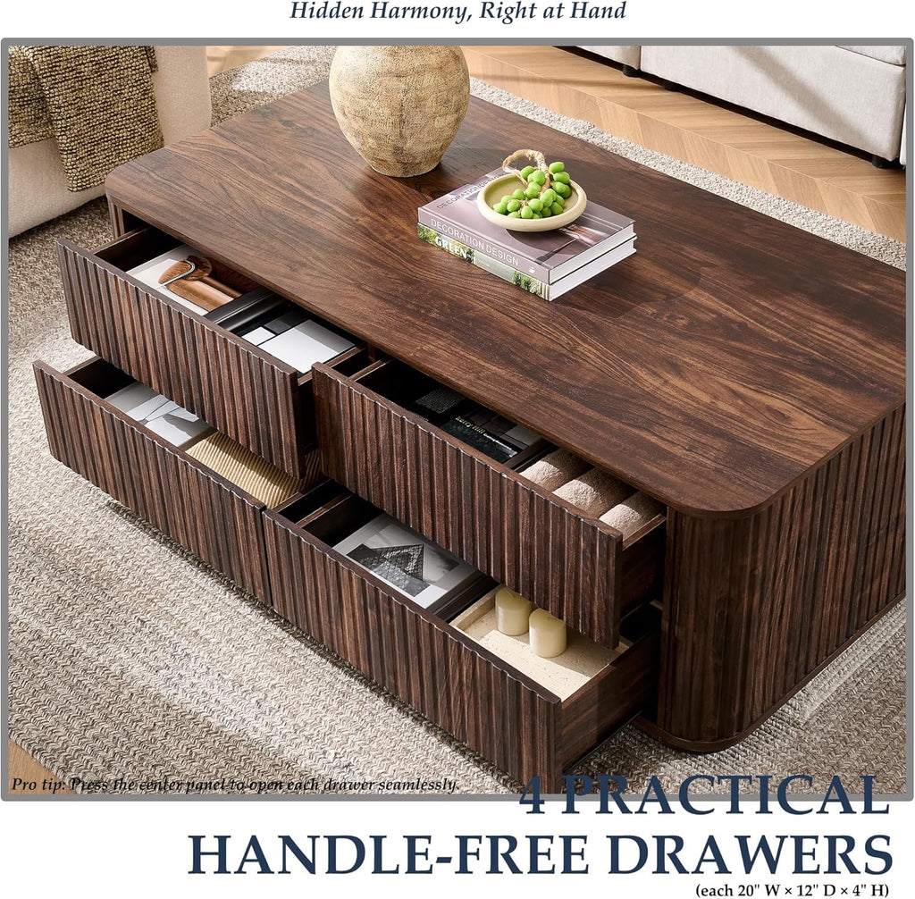 JXQTLINGMU 51" Fluted Coffee Table with Storage | Modern Dark Walnut Rectangle Coffee Table with 4 Drawers