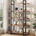 HSH 5-Tier Solid Wood Bookshelf | Industrial Rustic Open Metal & Real Wood Bookcase (Distressed Brown)