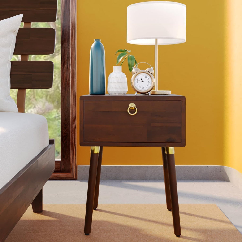 Bme Caden Solid Wood Nightstand | Mid-Century Walnut Side Table with Storage Drawer