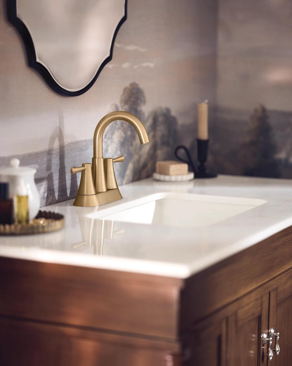 Moen Ronan 4" Centerset Bathroom Faucet | Bronzed Gold Two-Handle Faucet with Push-Down Drain