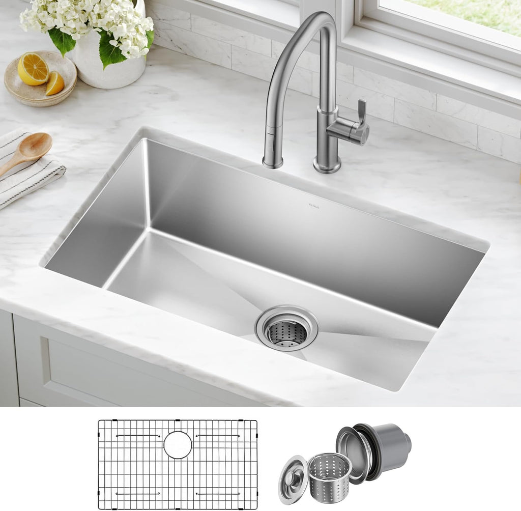 KRAUS Standart Pro 30″ Undermount Kitchen Sink | Single Bowl 16-Gauge Stainless Steel