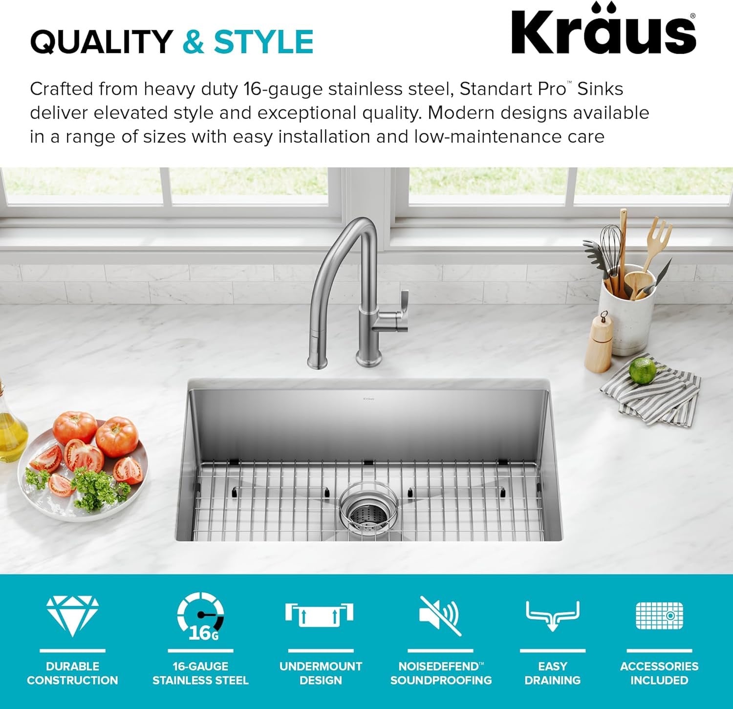 KRAUS Standart Pro 30″ Undermount Kitchen Sink | Single Bowl 16-Gauge Stainless Steel