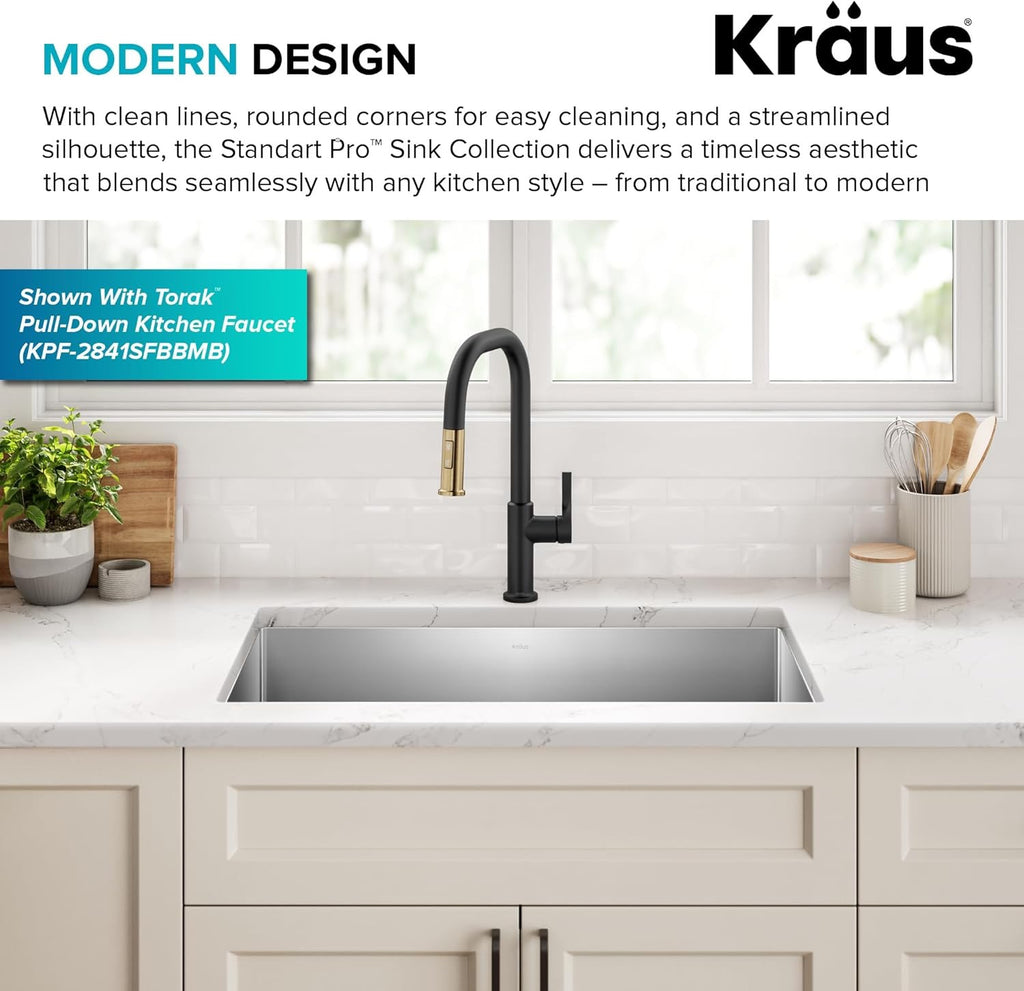 KRAUS Standart Pro 30″ Undermount Kitchen Sink | Single Bowl 16-Gauge Stainless Steel