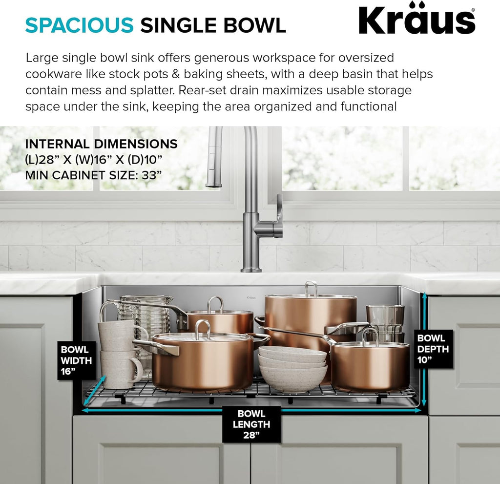 KRAUS Standart Pro 30″ Undermount Kitchen Sink | Single Bowl 16-Gauge Stainless Steel