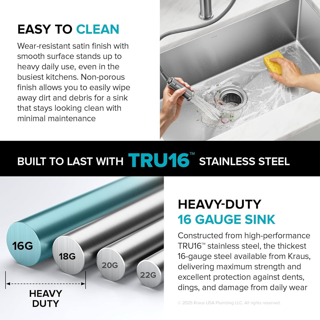 KRAUS Standart Pro 30″ Undermount Kitchen Sink | Single Bowl 16-Gauge Stainless Steel