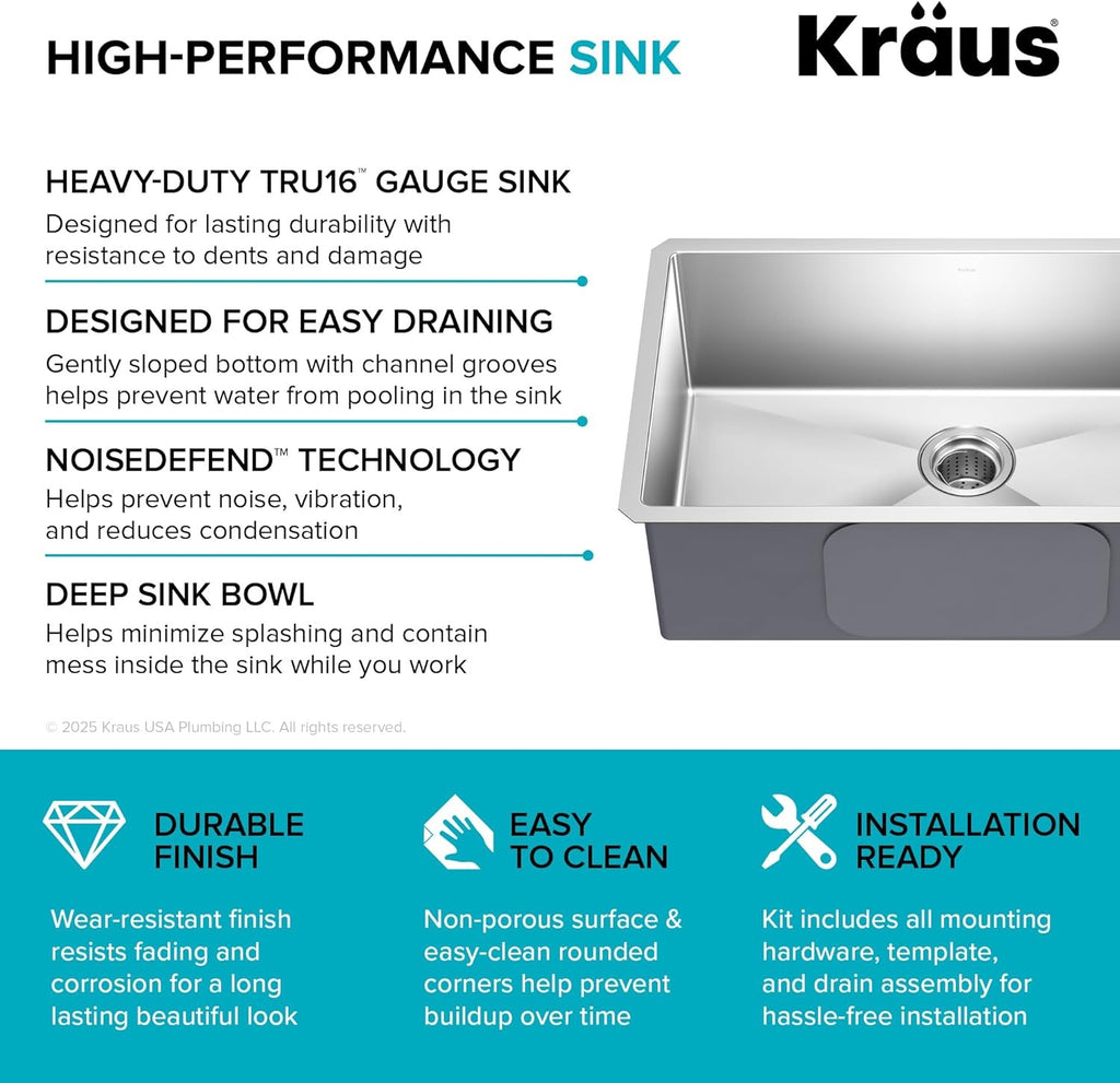KRAUS Standart Pro 30″ Undermount Kitchen Sink | Single Bowl 16-Gauge Stainless Steel