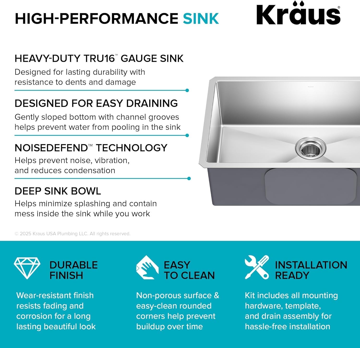 KRAUS Standart Pro 30″ Undermount Kitchen Sink | Single Bowl 16-Gauge Stainless Steel