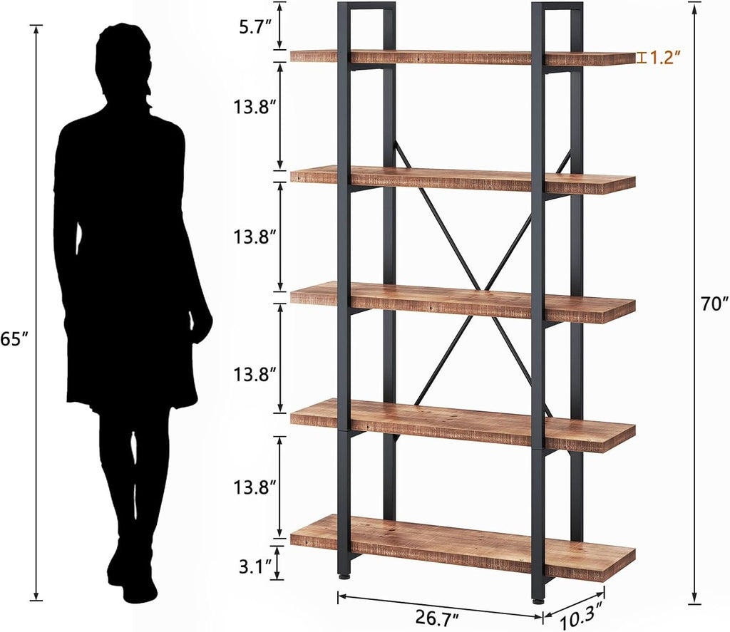 HSH 5-Tier Solid Wood Bookshelf | Industrial Rustic Open Metal & Real Wood Bookcase (Distressed Brown)