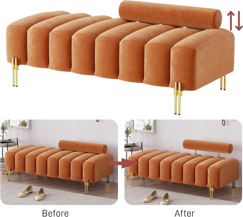 Modern Channel Tufted End-of-Bed Bench | Upholstered Orange Ottoman with Gold Legs