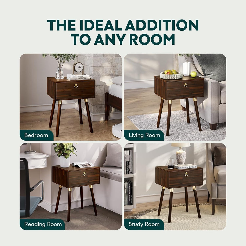 Bme Caden Solid Wood Nightstand | Mid-Century Walnut Side Table with Storage Drawer