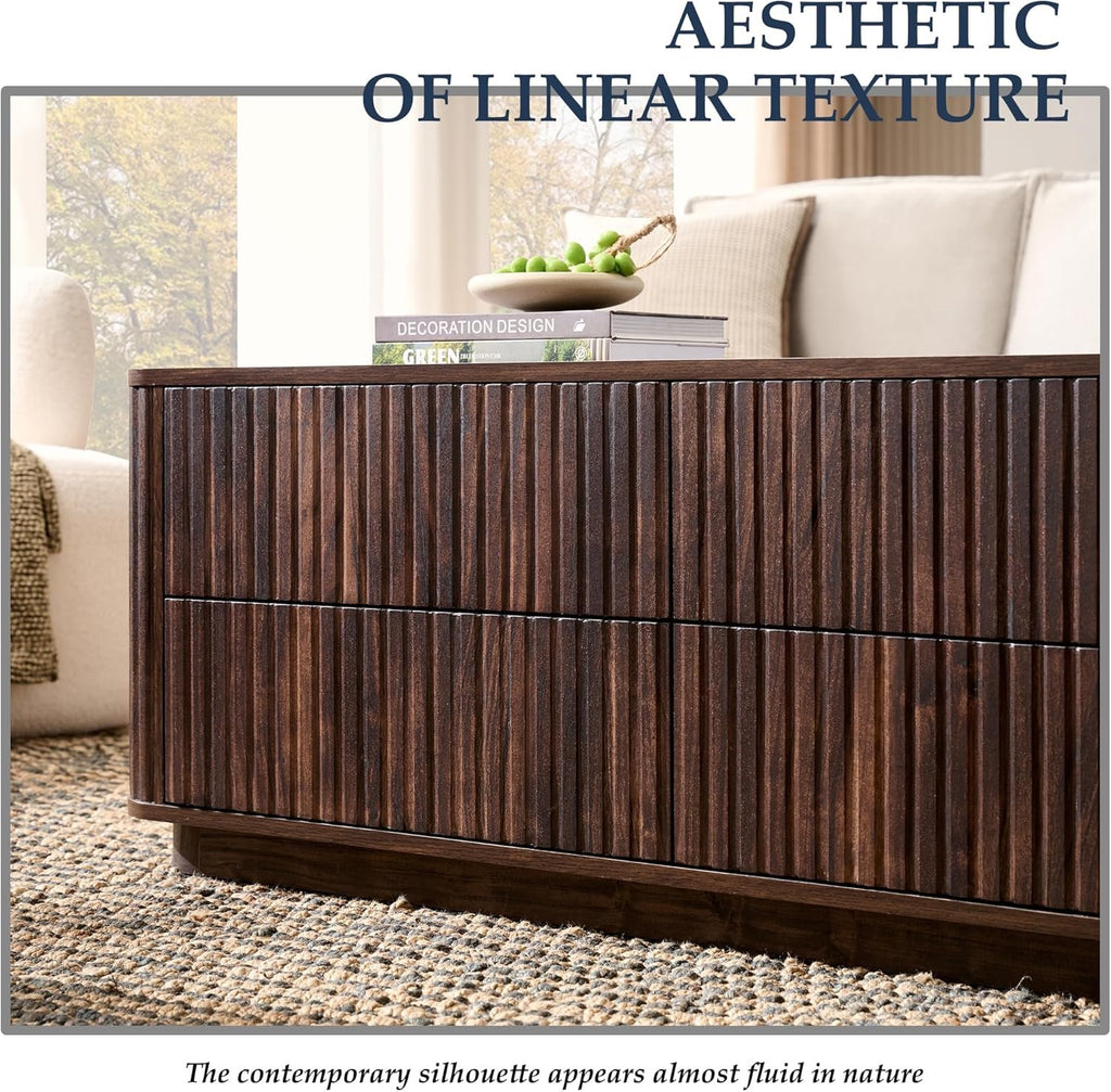 JXQTLINGMU 51" Fluted Coffee Table with Storage | Modern Dark Walnut Rectangle Coffee Table with 4 Drawers