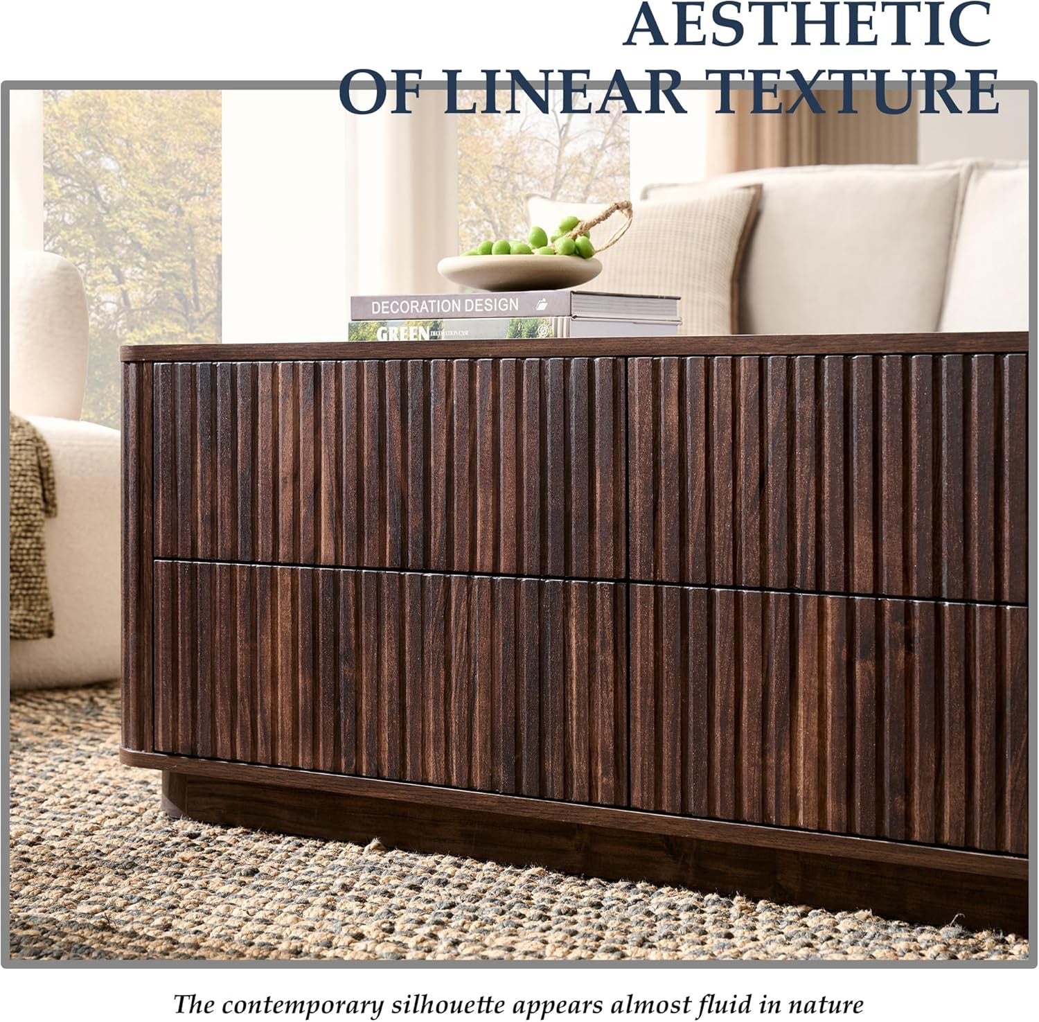 JXQTLINGMU 51" Fluted Coffee Table with Storage | Modern Dark Walnut Rectangle Coffee Table with 4 Drawers