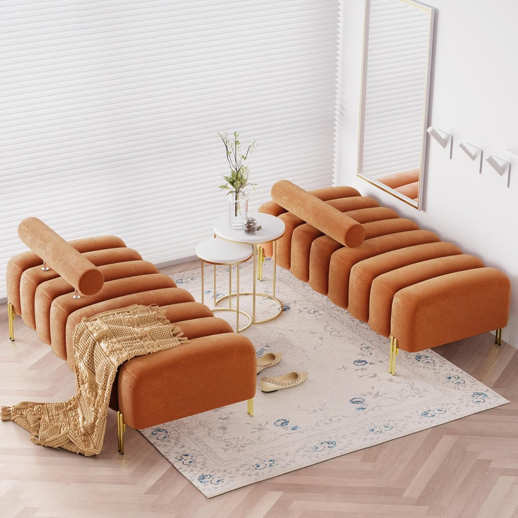Modern Channel Tufted End-of-Bed Bench | Upholstered Orange Ottoman with Gold Legs