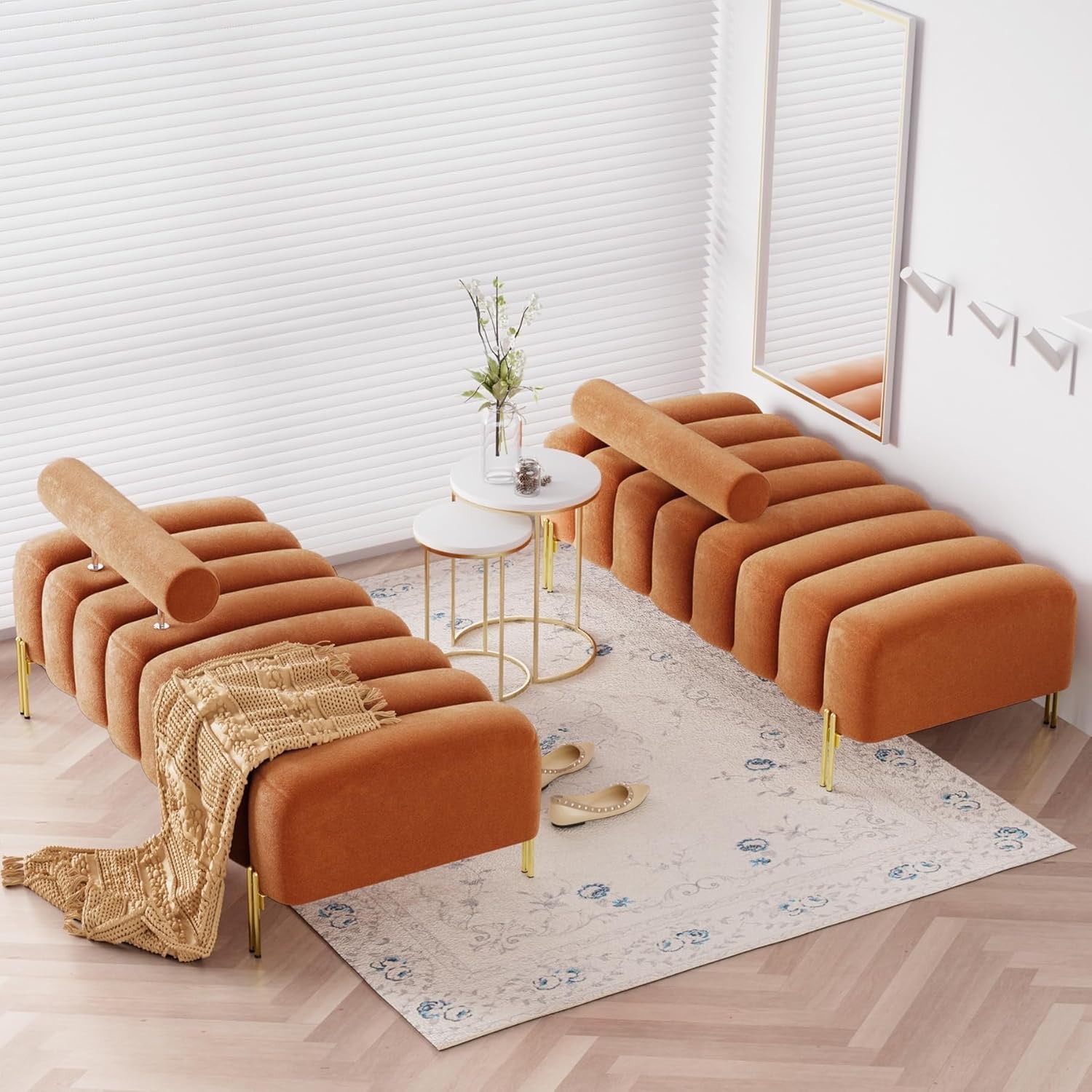 Modern Channel Tufted End-of-Bed Bench | Upholstered Orange Ottoman with Gold Legs